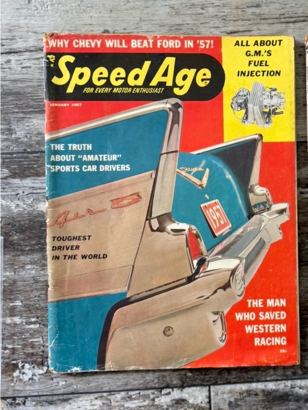 2 for $20 sale: Speed Age Magazine January 1957 Chevy vs Ford Fuel Injection
